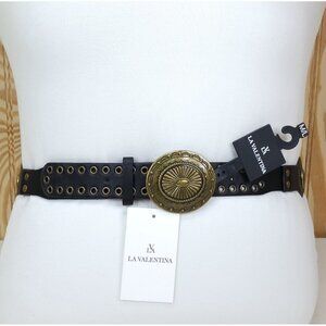 La Valentina Womens Black Belt M/L With Brass Buckle & Eyelets 1 7/8" Wide 43" L